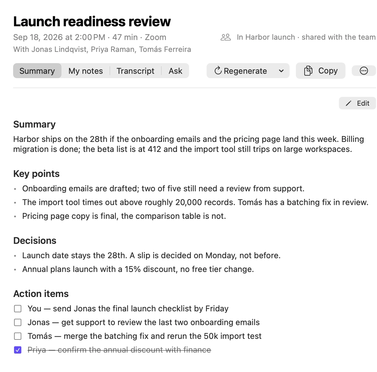 Meeting notes for a launch readiness review: summary, key points, decisions, and action items assigned to You, Jonas, Tomás and Priya.